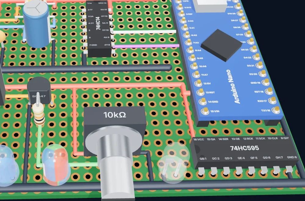 Close-up of Perfboard Designer's 3D view: a potentiometer, a 74HC595 with labeled pins, an Arduino Nano, a 74HC14, a transistor, LEDs and jumper wires