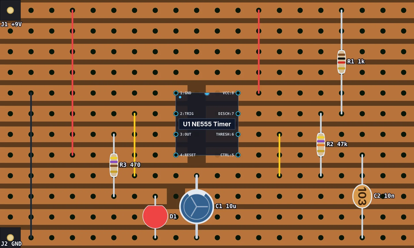 An NE555 LED blinker on a stripboard in Perfboard Designer, with the strips cut under the chip so its two pin rows don't short